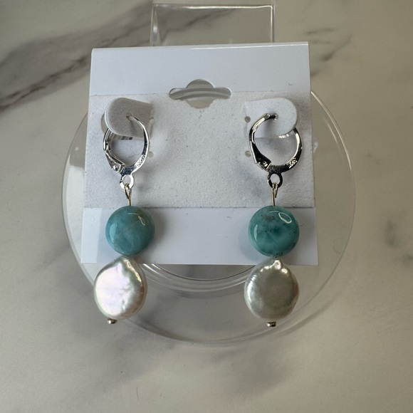 Pearl & Larimar Coin Earrings - Picture 3 of 4